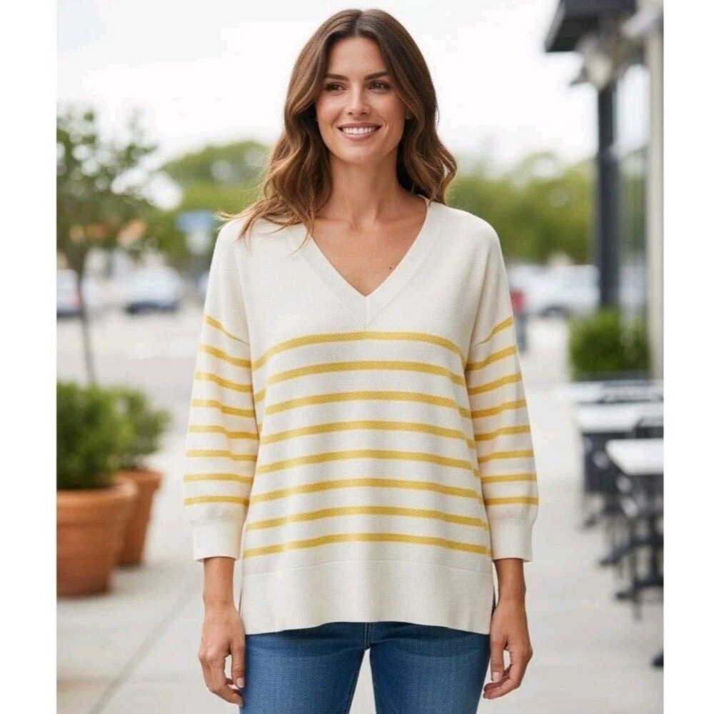 Philosophy White & Yellow Striped V Neck 3/4 Sleeve Sweater Women's Size 1X